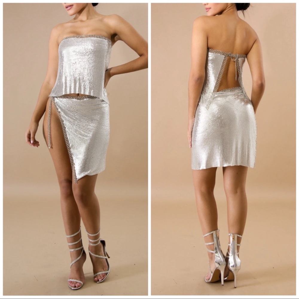 Silver Metal Skirt Set